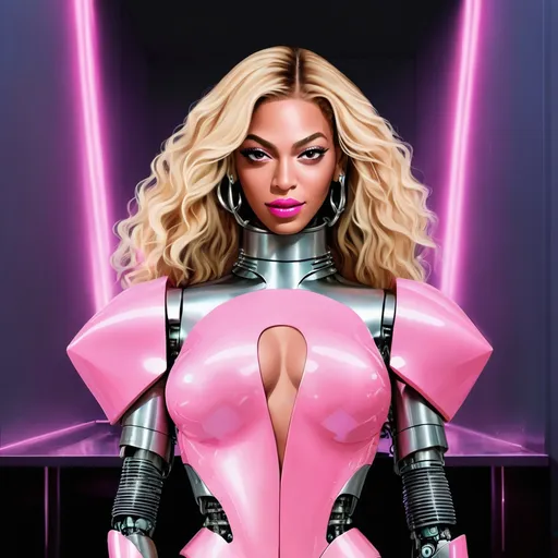 Prompt: Beyoncé, HQ, blonde, robot, neo futurism, metal, art, clone, neon lights, flirty, pink