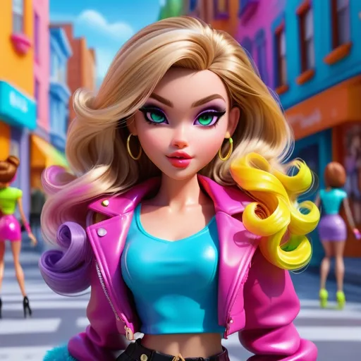 Prompt: Bratz cartoon photo, vibrant and colorful, high quality, detailed facial features, stylish outfits and accessories, fashionable makeup and hairstyles, 3D rendering, bright and lively, doll-like aesthetic, urban city background, sassy and confident poses, 4k, colorful, detailed facial features, stylish, 3D, vibrant, urban, doll-like aesthetic, confident poses, high quality, lively, fashionable, big eyes, big lips
