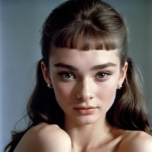 Prompt: 16 years old Audrey Hepburn, long hair, 90s vouge magazine photography style (Photographed by Steven Meisel, US Vogue, December 1989)
