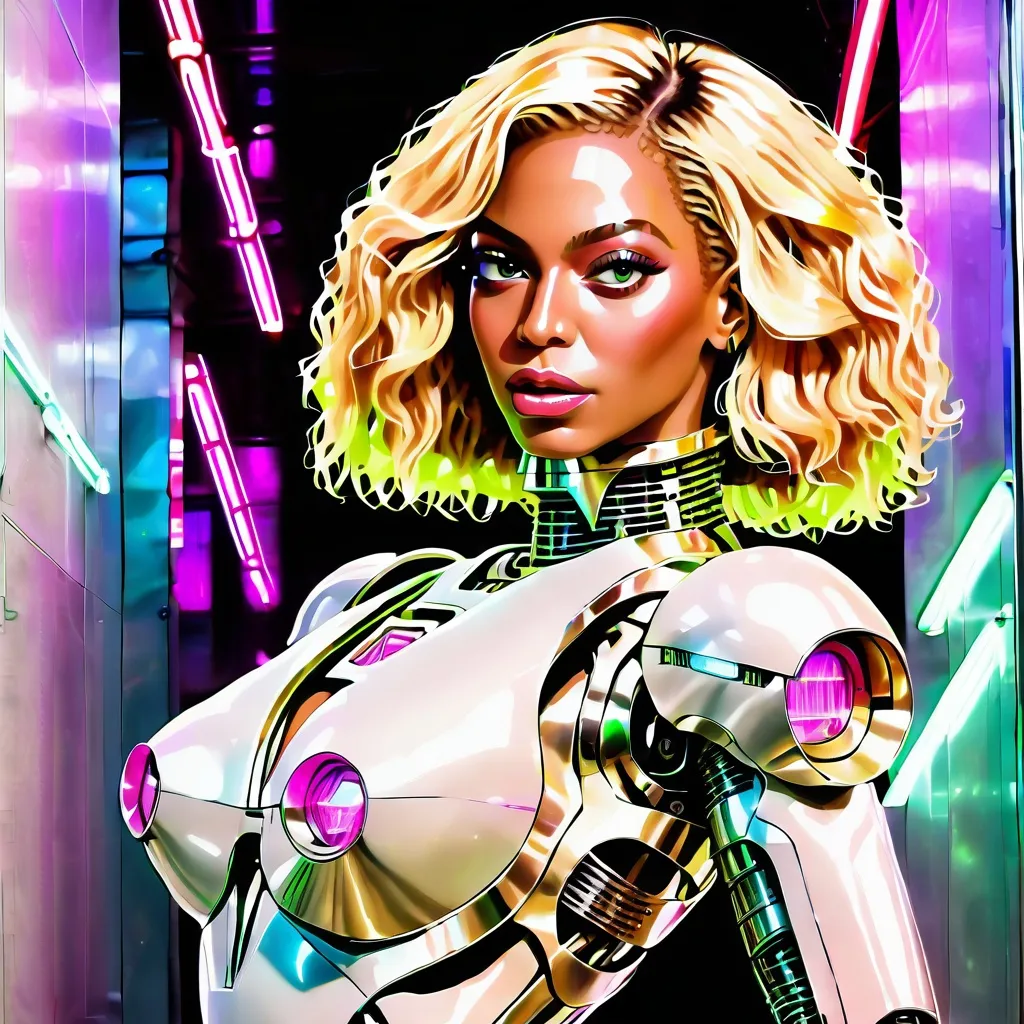 Prompt: Beyoncé, HQ, blonde, robot, neo futurism, metal, art, clone, neon lights, feminist