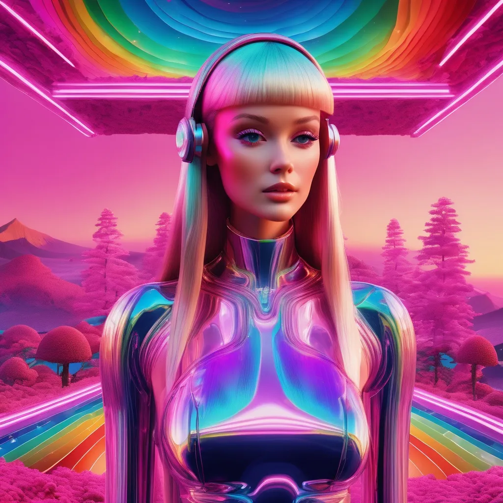 Prompt: surreal, barbie, relax, dream, lsd vibe, mashrooms, rainbow, positive trip, glitch, 3D realistic, modern design. noise, plastic woman, futurism, sci-fi, alien 