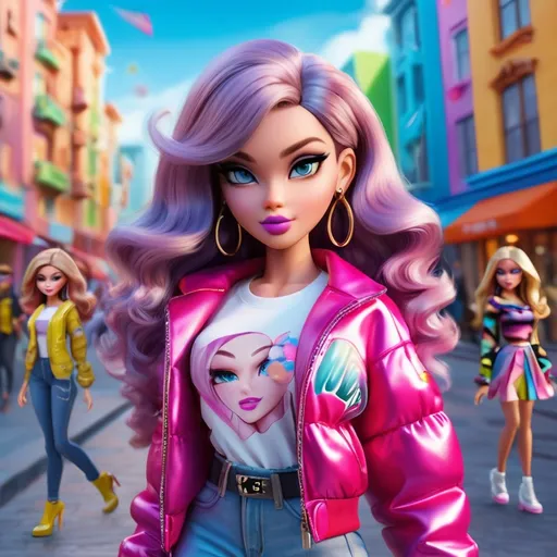 Prompt: Bratz cartoon photo, vibrant and colorful, high quality, detailed facial features, stylish outfits and accessories, fashionable makeup and hairstyles, 3D rendering, bright and lively, doll-like aesthetic, urban city background, sassy and confident poses, 4k, colorful, detailed facial features, stylish, 3D, vibrant, urban, doll-like aesthetic, confident poses, high quality, lively, fashionable, big eyes, big lips