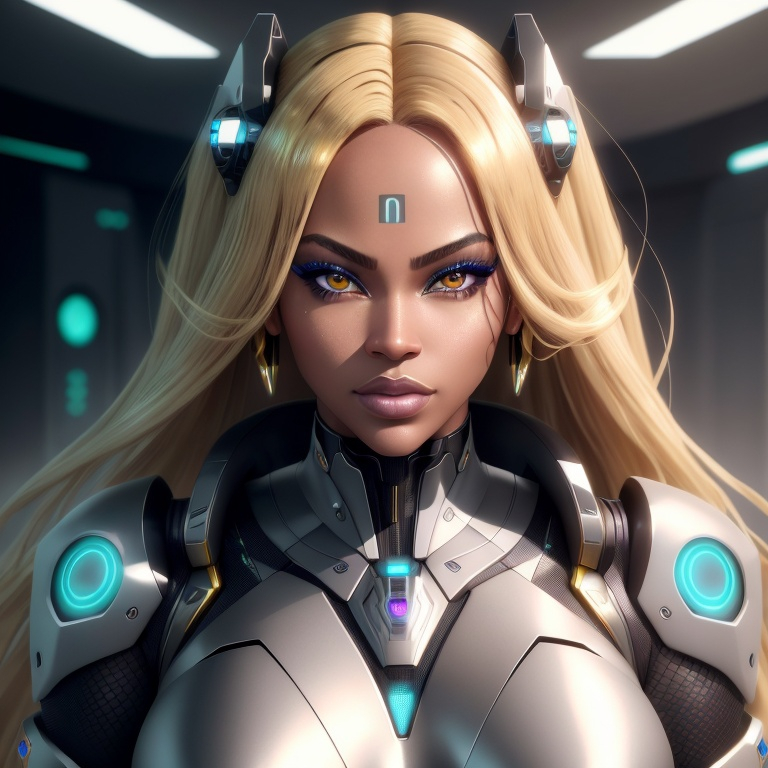 Prompt: HQ image of a metallic Beyoncé clone, neo futurism, blonde, robotic features, sleek and futuristic, high-tech, metallic tones, detailed robotic eyes, art, neo futuristic, professional lighting, metal texture, clone, futuristic, intense gaze