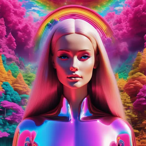 Prompt: surreal, barbie, meditate, lsd vibe, mashrooms, rainbow, positive trip, glitch, 3D realistic, modern design. noise, plastic woman