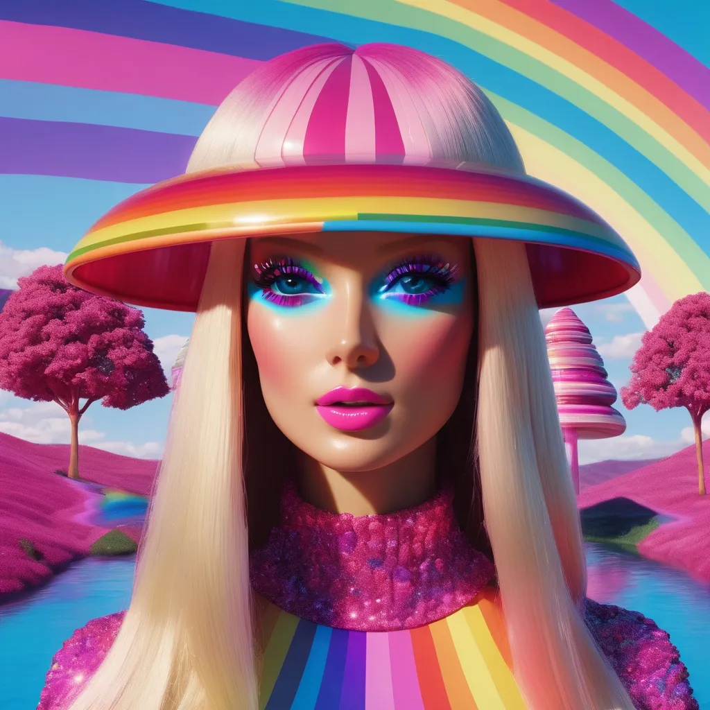 Prompt: surreal, barbie, lsd vibe, mashrooms, rainbow, positive trip, glitch, 3D realistic, modern design. noise, plastic woman, 