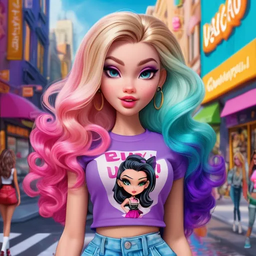 Prompt: Bratz cartoon photo, vibrant and colorful, high quality, detailed facial features, stylish outfits and accessories, fashionable makeup and hairstyles, 3D rendering, bright and lively, doll-like aesthetic, urban city background, sassy and confident poses, 4k, colorful, detailed facial features, stylish, 3D, vibrant, urban, doll-like aesthetic, confident poses, high quality, lively, fashionable, big eyes, big lips