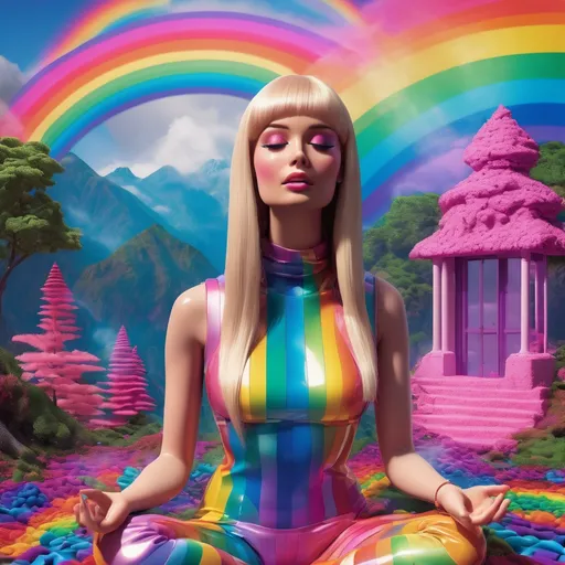 Prompt: surreal, barbie, meditate, lsd vibe, mashrooms, rainbow, positive trip, glitch, 3D realistic, modern design. noise, plastic woman, sad, cry