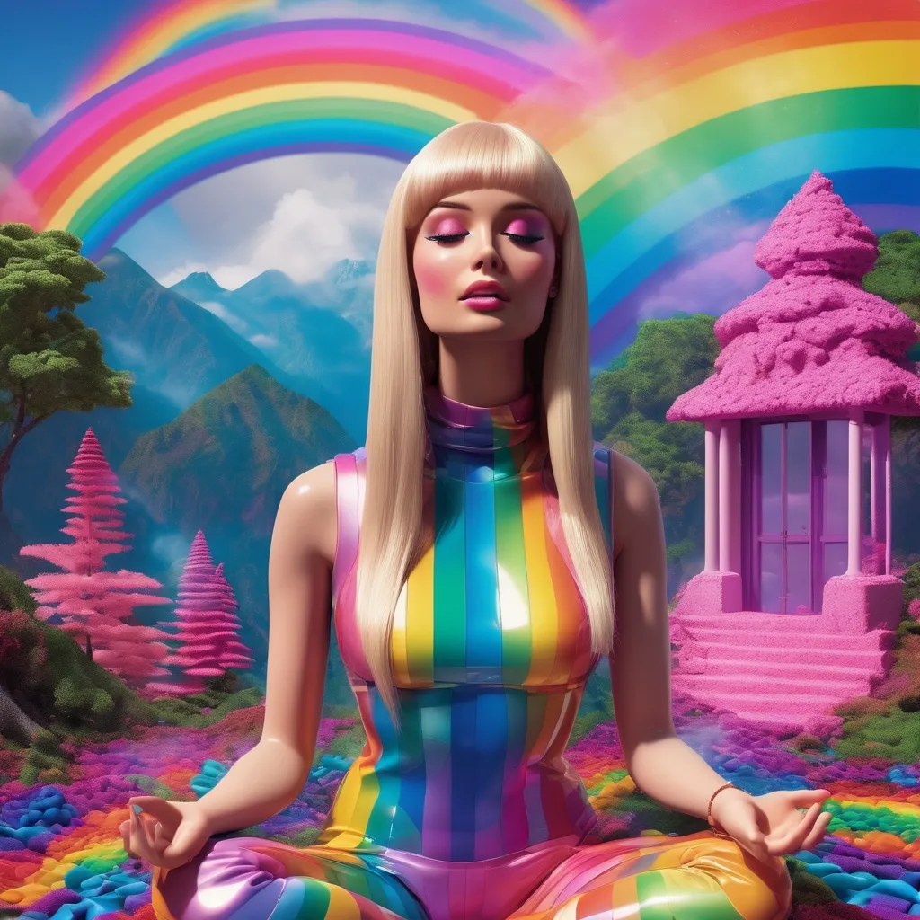 Prompt: surreal, barbie, meditate, lsd vibe, mashrooms, rainbow, positive trip, glitch, 3D realistic, modern design. noise, plastic woman, sad, cry