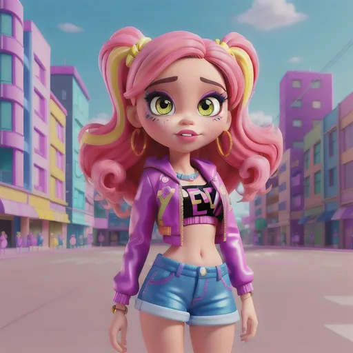 Prompt: Bratz cartoon photo, vibrant and colorful, high quality, detailed facial features, stylish outfits and accessories, fashionable makeup and hairstyles, 3D rendering, bright and lively, doll-like aesthetic, urban city background, sassy and confident poses, 4k, colorful, detailed facial features, stylish, 3D, vibrant, urban, doll-like aesthetic, confident poses, high quality, lively, fashionable, big eyes, big lips