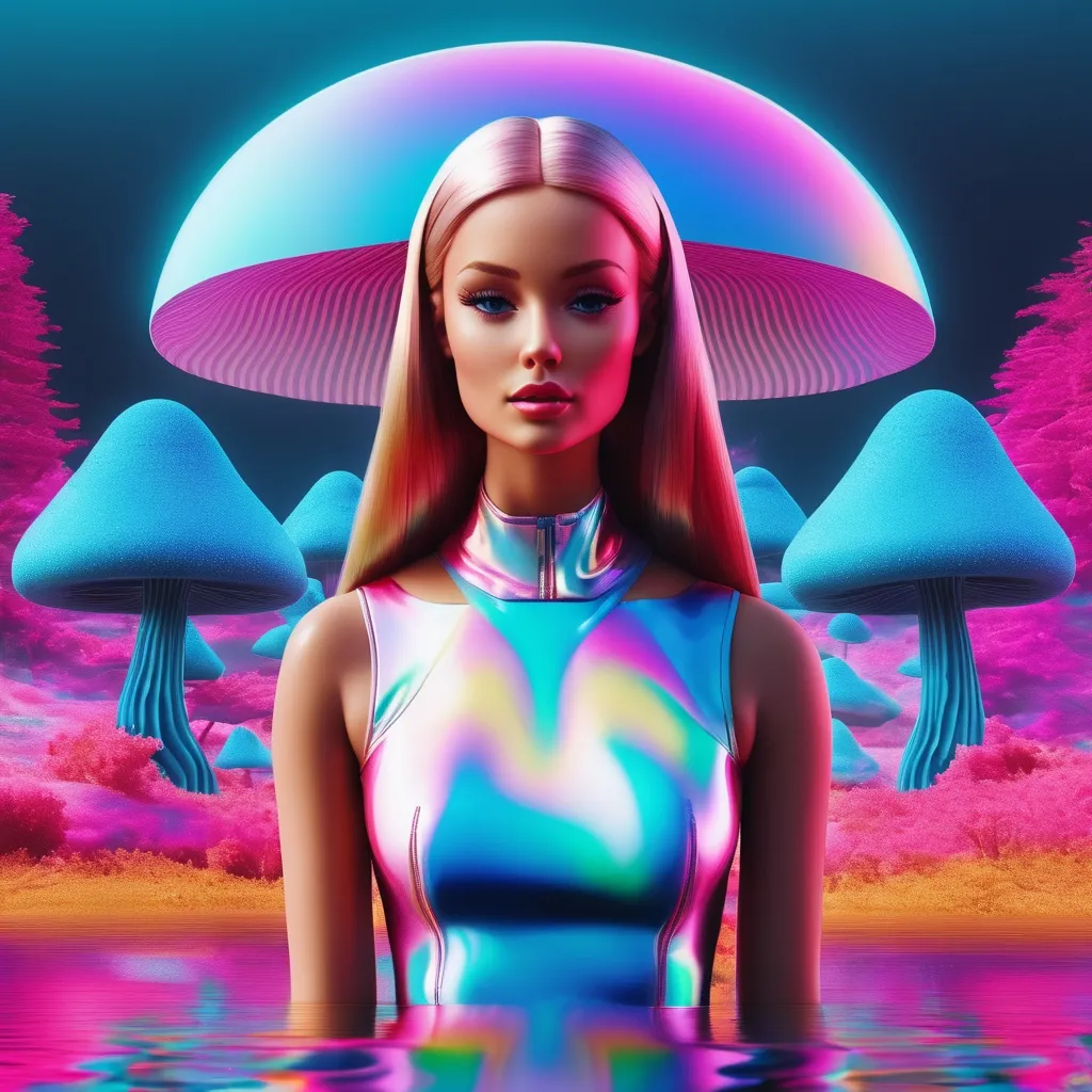 Prompt: surreal, barbie, meditate, lsd vibe, mashrooms, rainbow, positive trip, glitch, 3D realistic, modern design. noise, plastic woman