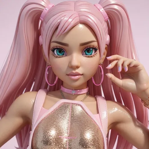 Prompt: 3D, plastic graphics, precise, high quality, Bratz style 3D character, cute, high school times, pastel colors, light pink, detailed, vibrant, youthful, fashion-forward, whimsical, modern, high-res, high fidelity, pastel tones, bright lighting, aesthetic, chill, trendy, popular, glamour, glitter, younge