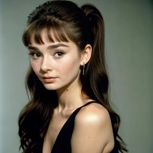 Prompt: 16 years old Audrey Hepburn, long hair, 90s pop singers style