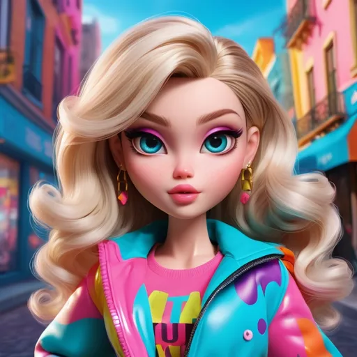 Prompt: Bratz cartoon photo, vibrant and colorful, high quality, detailed facial features, stylish outfits and accessories, fashionable makeup and hairstyles, 3D rendering, bright and lively, doll-like aesthetic, urban city background, sassy and confident poses, 4k, colorful, detailed facial features, stylish, 3D, vibrant, urban, doll-like aesthetic, confident poses, high quality, lively, fashionable, big eyes, big lips