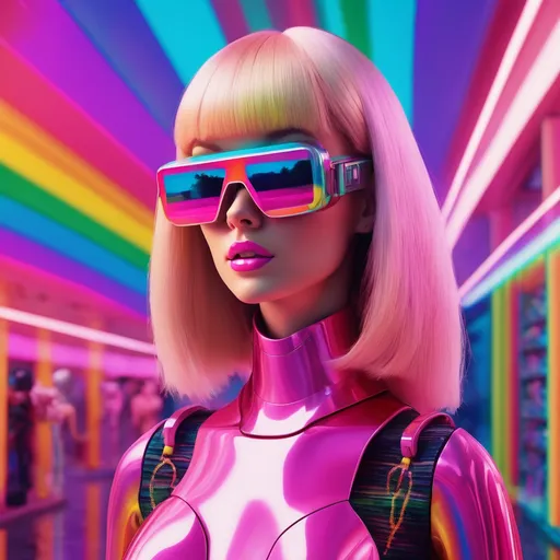 Prompt: surreal, barbie, relax, dream, lsd vibe, mashrooms, rainbow, positive trip, glitch, 3D realistic, modern design. noise, plastic woman, futurism, robot