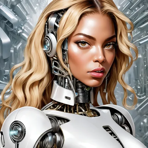 Prompt: Beyoncé, HQ, blonde, robot, neo futurism, metal, art