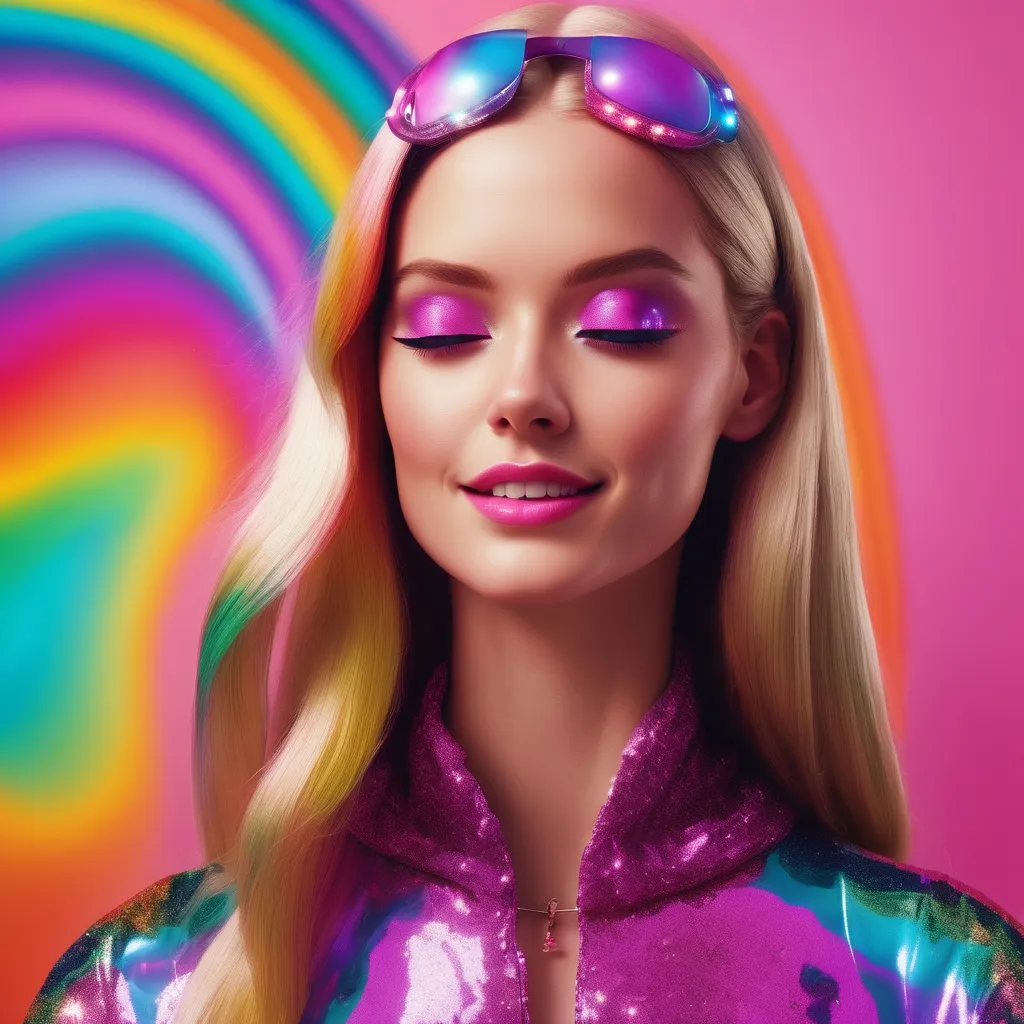 Prompt: surreal, barbie, meditate, lsd vibe, mashrooms, rainbow, positive trip, glitch, 3D realistic, modern design. noise, plastic woman, glitter, crazy, laugh, happy, wierd