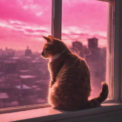 Prompt: a cat laying down asleep on a window sill while watching the Steam City on the pink clouds come to life