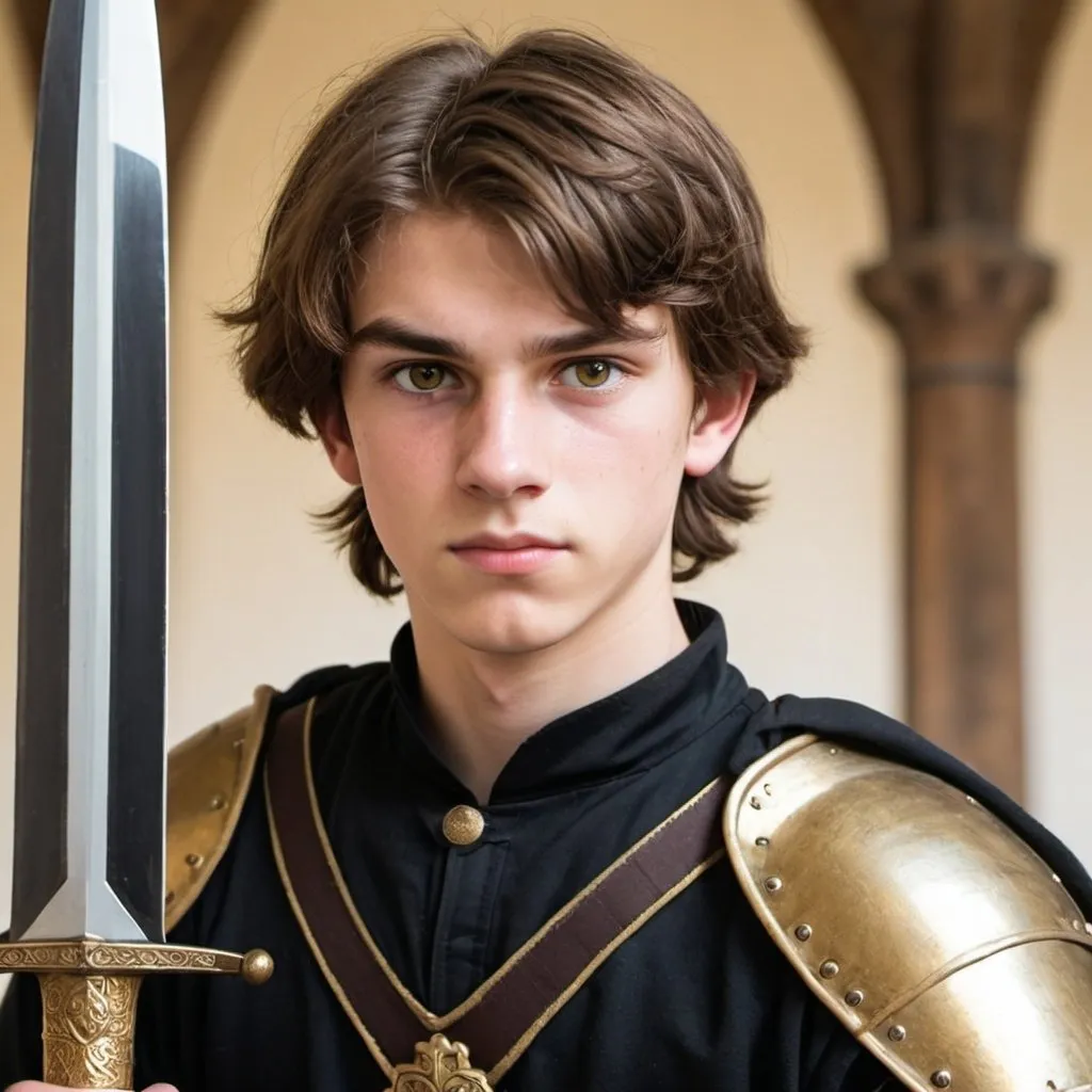 Prompt: A medieval 
18 year old male, brown hair, golden eyes, wearing a black training uniform and holding sword 