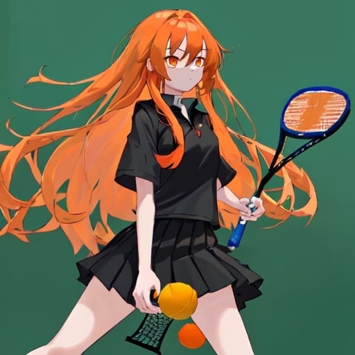 Prompt: girl long hair orange uniform black skirt pickleball hands hidden behind 