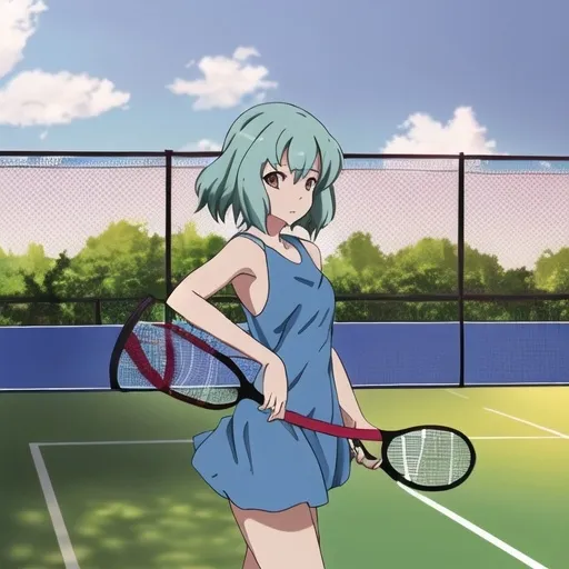 Prompt: anime cute girl holding padel pickleball in blue dress