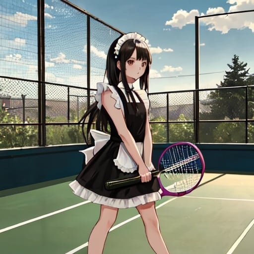 Prompt: long hair girl playing pickleball wearing maid dress