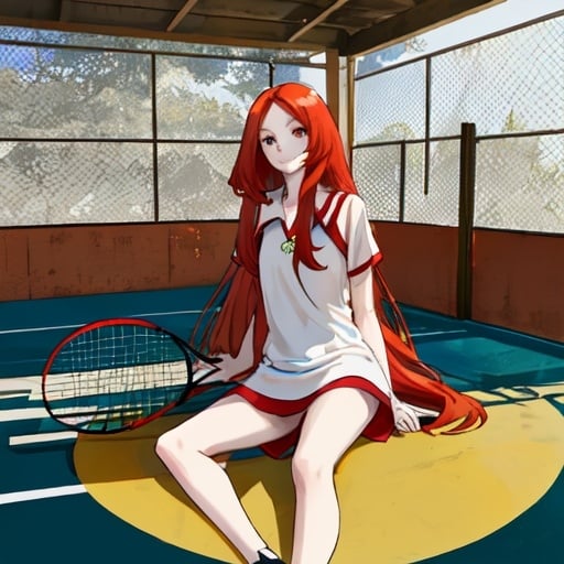 Prompt: long red hair girl pickleball resting