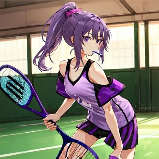 Prompt: ponytail purple hair girl pickleball cute drinking water