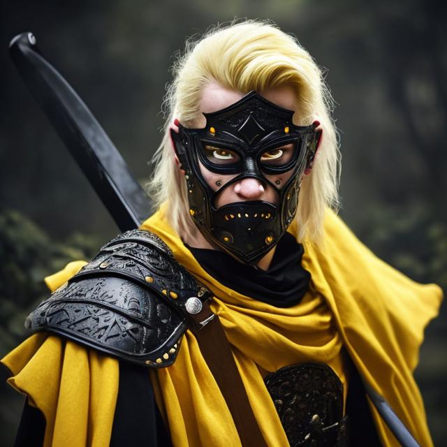 Prompt: A man in his mid 30s wearing a black round mask that covers half of his face with blonde hair, 6 feet tall wearing a yellow cape and holding a sword in a medival setting
He has a sad and angry look