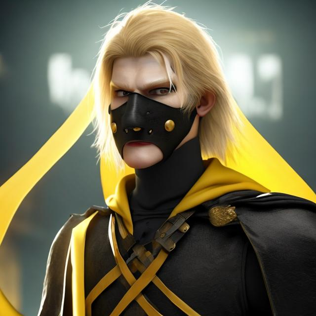 Prompt: A man wearing a black round mask with blonde hair, 6 feet tall wearing a yellow cape and holding a sword