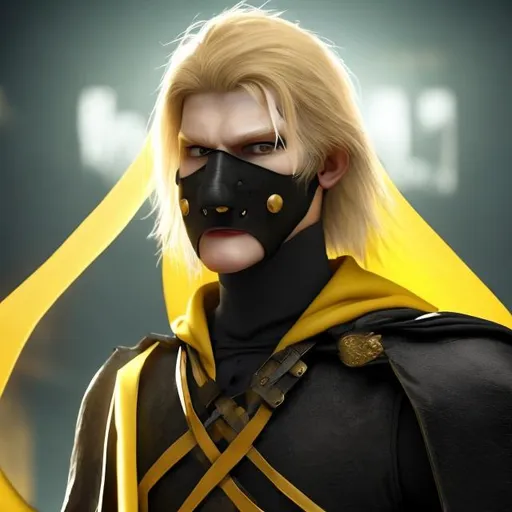 Prompt: A man wearing a black round mask with blonde hair, 6 feet tall wearing a yellow cape and holding a sword