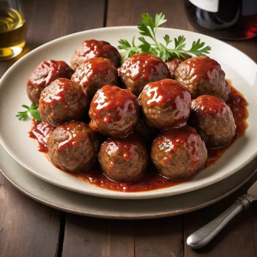 Prompt: 
Create a high-resolution image of a plate of delicious, perfectly cooked meatballs. The meatballs should be juicy and slightly glistening, with a rich, savory sauce coating them. They should be garnished with fresh parsley and sprinkled with grated Parmesan cheese. The background should be a clean, rustic kitchen setting with warm lighting, enhancing the appetizing look of the dish. The plate should be white to make the meatballs stand out, and there should be a few slices of fresh bread and a glass of red wine nearby to complete the scene.
