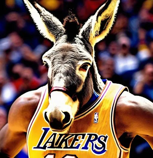 Prompt: Give the Donkey a Yellow Lakers NBA Jersey with the number 8 On it. HE needs to be wearing Jordans basketball shoes as well as a state of the art, Red and blue leather basketball in his left hand. I want him inside of an NBA Basketball stadium with crowds of people cheering behind him.