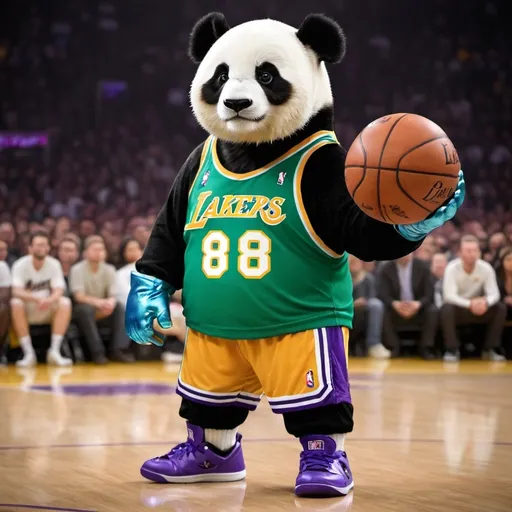 Prompt: A Panda in an NBA Costume  i want the full picture from head to toe, give the panda Green jordans and sparkly blue eyes. He has boxing gloves on his hands and a Lakers number 8 Jersey. HE also has lakers shorts