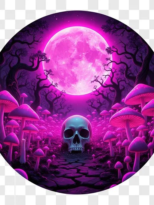 Prompt: white skull sits on the ground in a field of vivid neon pink mushrooms, large bright neon pink moon in the sky, dark forest in background, circular design, highly detailed, design creates a dramatic and intense visual contrast, digital art, neon colors, transparent background
