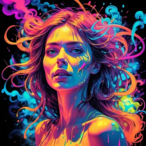 Prompt: Bold neon colors, mechanical-style illustration depicting a woman experiencing hallucinations, in a psychedelic state, splash art with splattered neon colors, (iridescent glowing smoke) ((motion effects)), best quality, wallpaper art, Ultra HD, centered image, MSchiffer art, ((flat colors)), (cartoon style) with very bold neon colors, ((high saturation)) ink lines, psychedelic environment. Close-up angle, with blurred, high-speed moments around her, as if time were frozen. 16k.