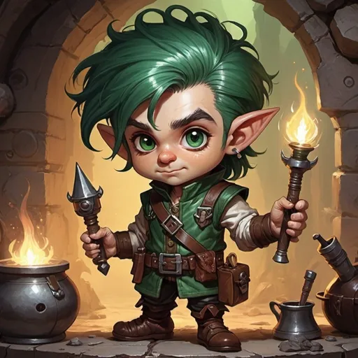 Prompt: dungeons and dragons fantasy art halfling male artificer with dark green hair workshop tinkerer