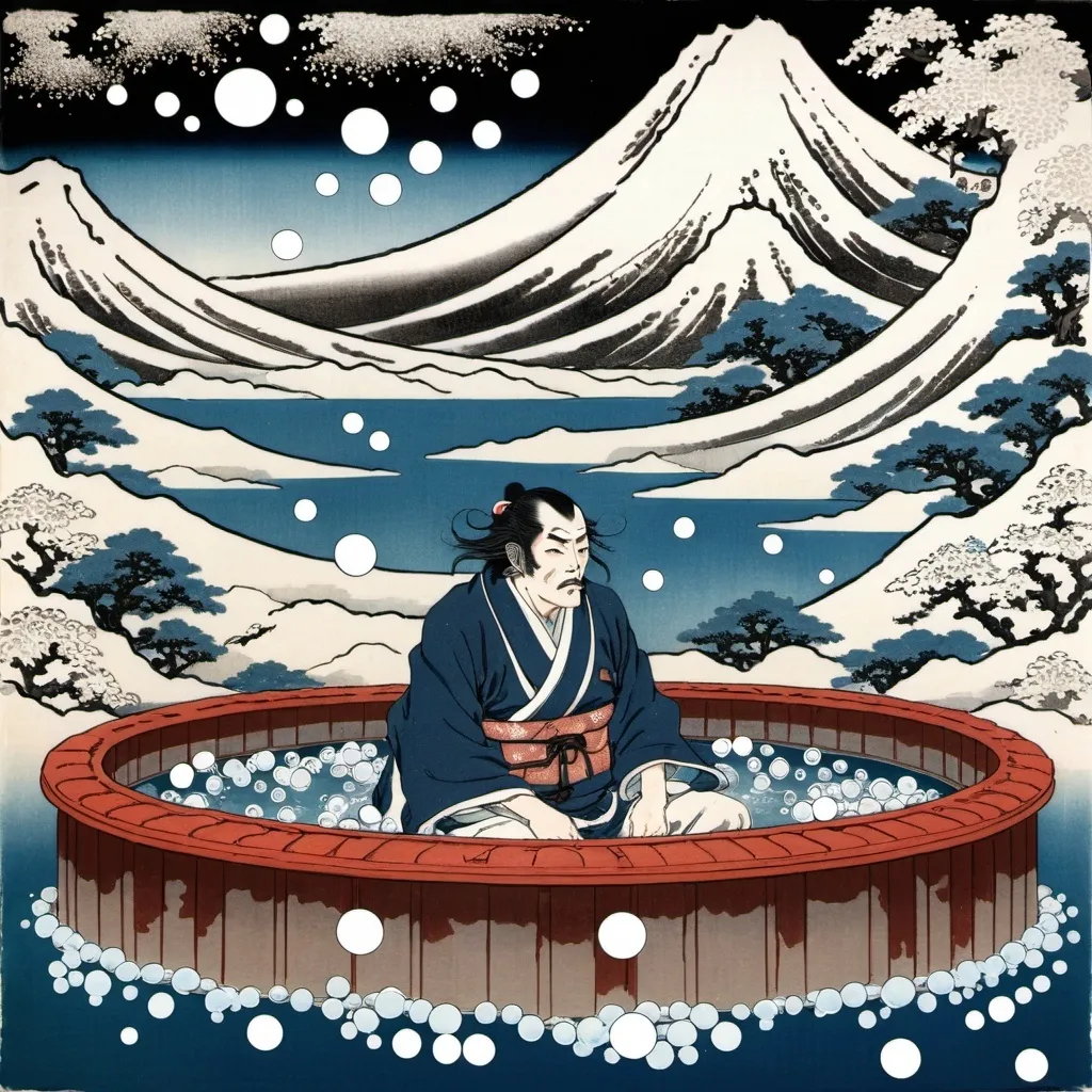 Prompt: Marduk is relaxing in a hot spring with  many bubbles, each bubble contains a universe inside of it, painted by Katsushika Hokusai