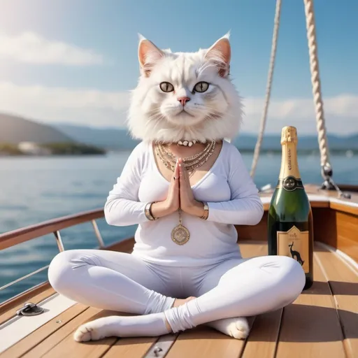 Prompt: Cat with white fur, realistic, sitting on the boat and doing yoga in yoga pants, champagne, diamond necklace, positive vibes, calm weather