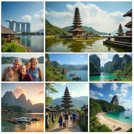 Prompt: 
Quiero un collage con imagenes reales representativas de: 
*Singapur
*Bali
*Tailandia
Abajo del collage debes colocar la siguiente información (Destacando el periodo del viaje):

"del 14 al 27 de noviembre (2850 USD)
Lista de servicios completos en el itinerario
*Alojamiento.
*Guias locales.
*Recorridos terrestres en transporte privado con aire acondicionado.
*Boletos de tren: Bangkok - Chiang Mai.
*Comidas mencionadas."

Debe ser una imagen que provoque el deseo de viajar y la emoción de salir a un lugar inolvdable.
Las imagenes pueden contener amigos (preferiblemente personas mayores de 50 años) en actitud amigable