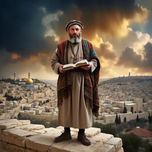 Prompt: (Man from the time of the Talmud), standing proudly on a rugged cliff, (ancient Jerusalem skyline) in the background, wielding a weathered book, dressed in intricate traditional old clothing, dramatic and tumultuous sky overhead, vibrant colors, natural lighting, atmospheric depth with a sense of historical gravity, showcasing the rich culture and heritage of the period, ultra-detailed, cinematic quality.