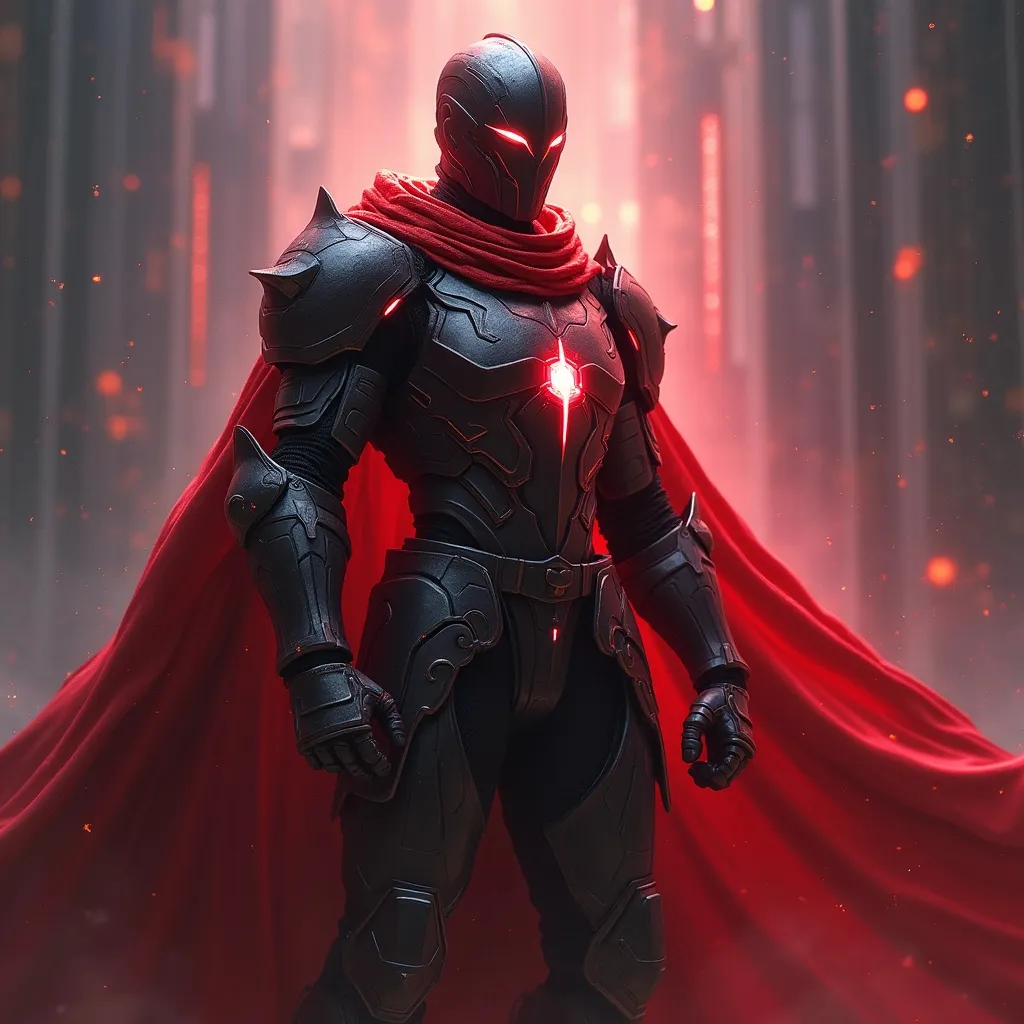 Prompt: Sci-fi Tron Knight with crimson energy and shoulder cape 
