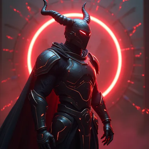 Prompt: Sci-fi Tron Knight with horns and crimson energy and shoulder cape 