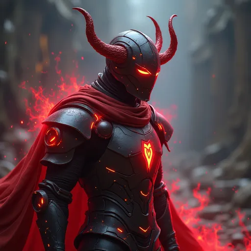 Prompt: Sci-fi Tron Knight with horns and crimson energy and shoulder cape 