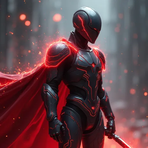 Prompt: Sci-fi Tron Knight with crimson energy and shoulder cape 