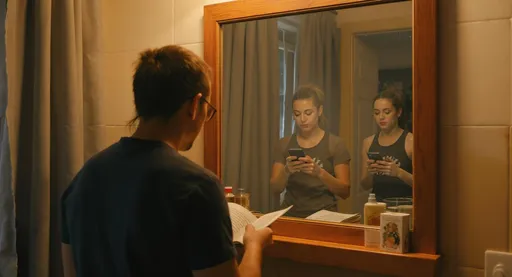Prompt: A person standing in front of a mirror, seeing different versions of themselves – one reading, one scrolling phone, one exercising, symbolic of daily habits shaping life, warm lighting, realistic style. Fram 16:9