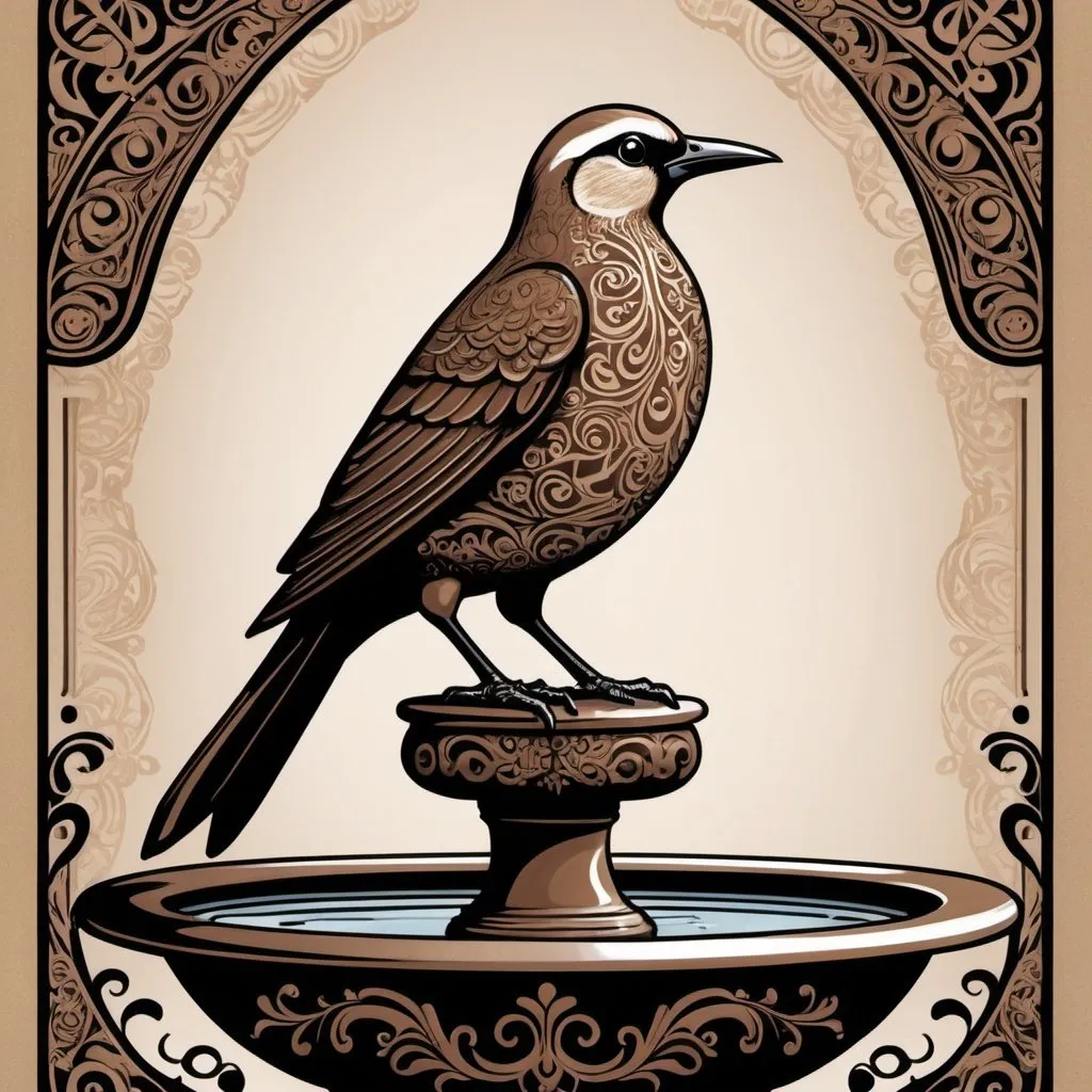 Prompt: Create a sleek and modern design featuring a majestic bird perched on the edge of a birdbath, with intricate patterns in shades of brown and black? The words "Byrd Bath" could be elegantly incorporated into the design, perhaps in a stylish font that complements the overall aesthetic. This image would make a unique and eye-catching addition to a playing card deck!