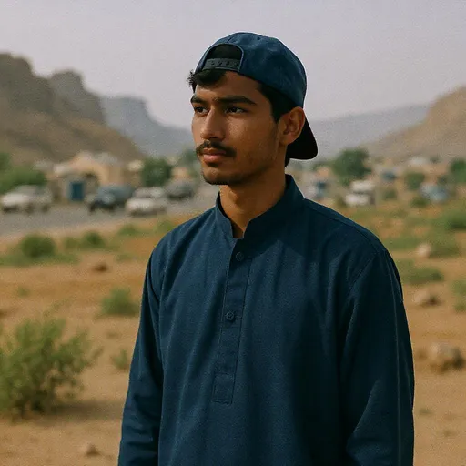 Prompt: A young man stands confidently in the foreground, dressed in a deep blue traditional outfit complemented by a cap pulled slightly backward, adding a casual flair to his appearance. He gazes thoughtfully at something off-camera, his expression calm and introspective, set against a backdrop of a rocky, arid landscape dotted with sparse green vegetation. In the distance, a town unfolds with several buildings and vehicles, revealing a lively yet serene atmosphere, suggesting a rural setting possibly captured during late afternoon. The colors are subdued and earthy, with a soft, muted quality that gives the image a nostalgic tone, evoking a sense of calm amidst the bustling life in the background. The scene conveys a story of connection to one's roots, juxtaposed with the surrounding modernity.