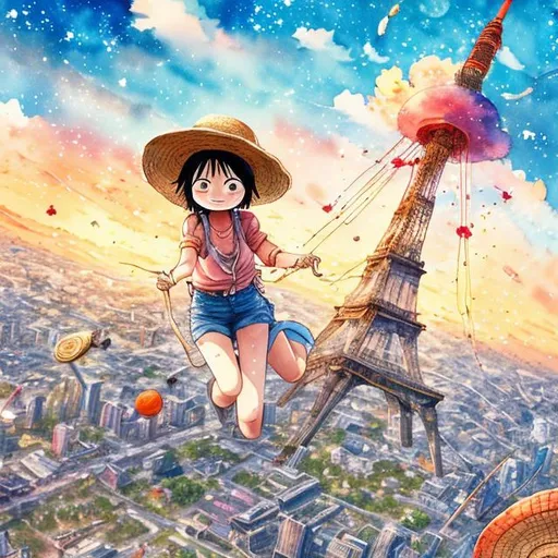 Prompt: at long range, a young lady in the straw hat, flying above Tokyo Tower, in the afternoon, sky full of animated stars, detailed, watercolor, light color, emotional atmosphere