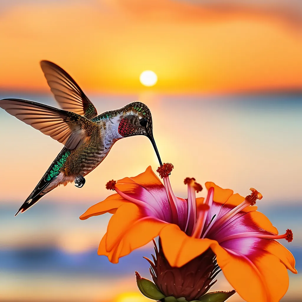 Prompt: Humming bird drinking nectar from a flower with a beach sunset in the background