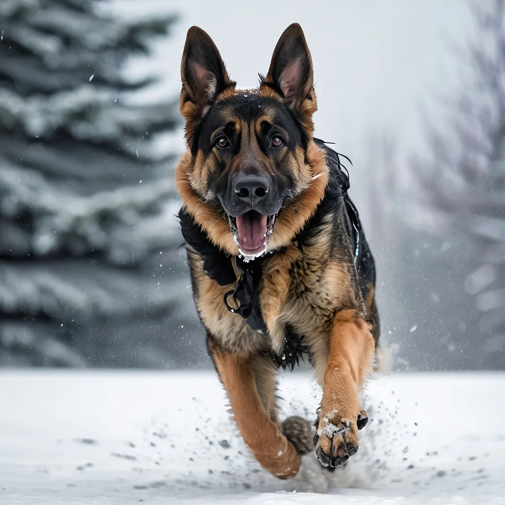 Prompt: German shepherd running toward camera in the snow half face black other half brindle